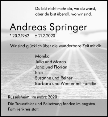 Traueranzeige von Andreas Springer von vrm-trauer