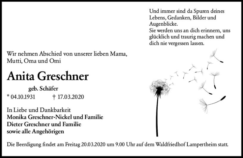  Traueranzeige für Anita Greschner vom 19.03.2020 aus vrm-trauer