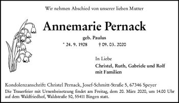 Traueranzeige von Annemarie Pernack von vrm-trauer