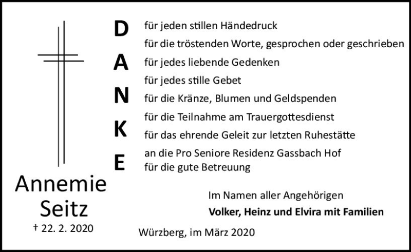  Traueranzeige für Annemie Seitz vom 21.03.2020 aus vrm-trauer
