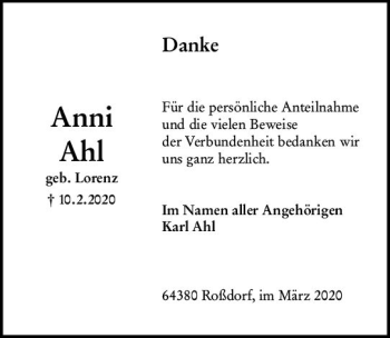 Traueranzeige von Anni Ahl von vrm-trauer