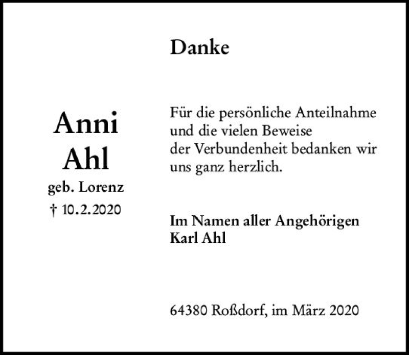  Traueranzeige für Anni Ahl vom 07.03.2020 aus vrm-trauer