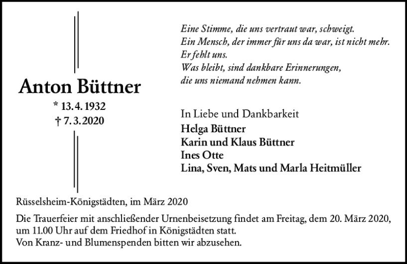  Traueranzeige für Anton Büttner vom 14.03.2020 aus vrm-trauer
