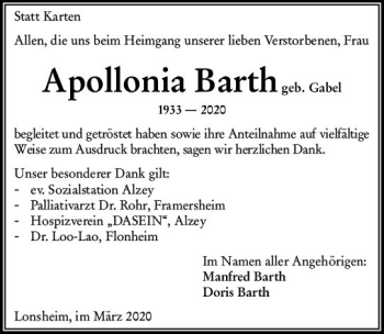 Traueranzeige von Apollonia Barth von vrm-trauer