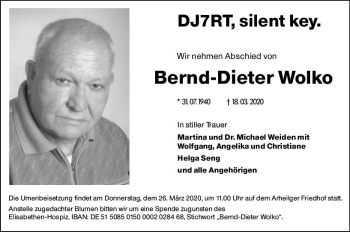 Traueranzeige von Bernd-Dieter Wolko von vrm-trauer
