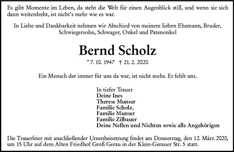  Traueranzeige für Bernd Scholz vom 07.03.2020 aus vrm-trauer