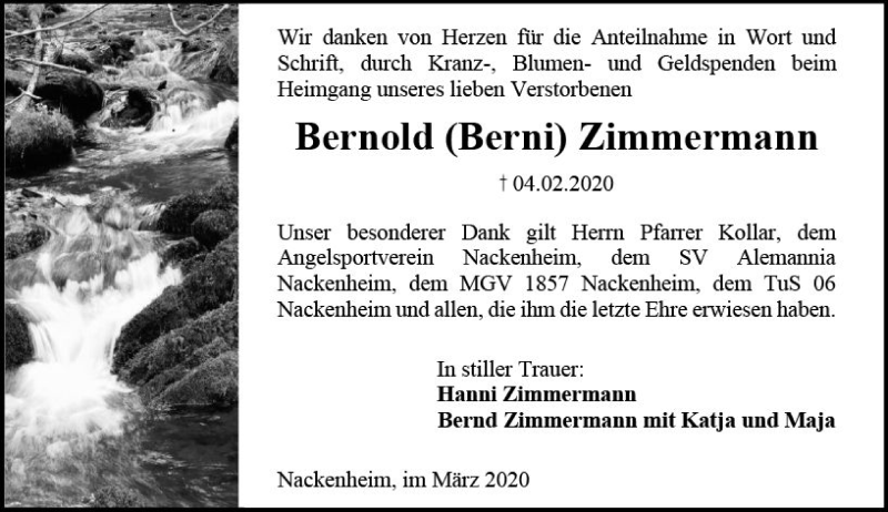 Traueranzeige für Bernold  Zimmermann vom 07.03.2020 aus vrm-trauer