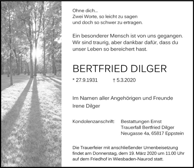  Traueranzeige für Bertfried Dilger vom 14.03.2020 aus vrm-trauer