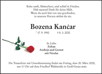 Traueranzeige von Bozena Kancar von vrm-trauer
