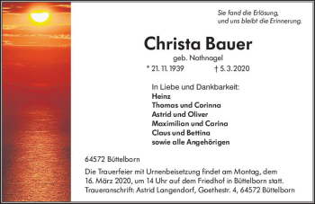Traueranzeige von Christa Bauer von vrm-trauer