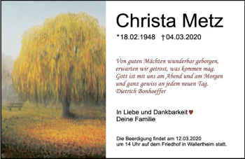Traueranzeige von Christa Metz von vrm-trauer