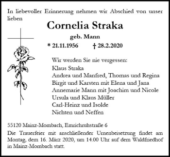 Traueranzeige von Cornelia Straka von vrm-trauer