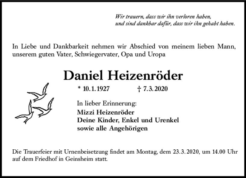  Traueranzeige für Daniel Heizenröder vom 18.03.2020 aus vrm-trauer