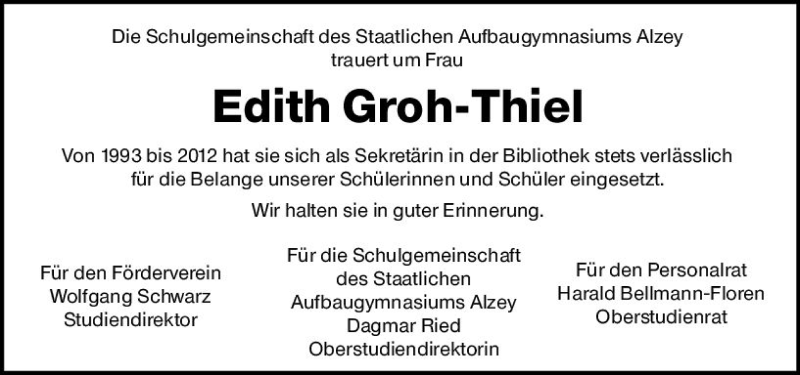  Traueranzeige für Edith Groh-Thiel vom 27.03.2020 aus vrm-trauer