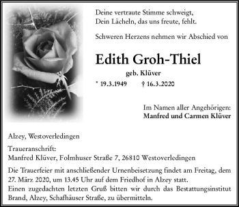 Traueranzeige von Edith Groh-Thiel von vrm-trauer