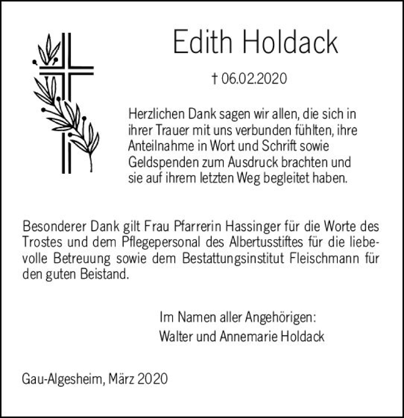  Traueranzeige für Edith Holdack vom 14.03.2020 aus vrm-trauer