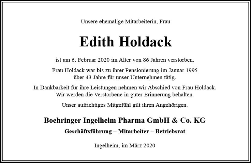  Traueranzeige für Edith Holdack vom 03.03.2020 aus vrm-trauer