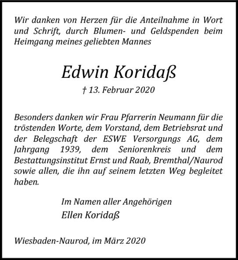  Traueranzeige für Edwin Koridaß vom 14.03.2020 aus vrm-trauer