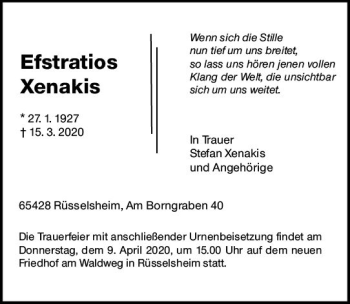 Traueranzeige von Efstratios Xenakis von vrm-trauer