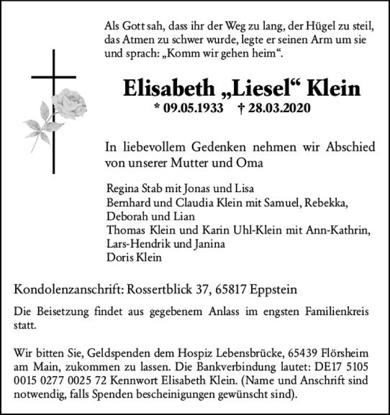  Traueranzeige für Elisabeth Klein vom 31.03.2020 aus vrm-trauer
