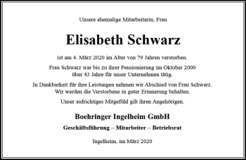 Traueranzeige von Elisabeth Schwarz von vrm-trauer