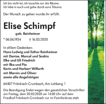 Traueranzeige von Elise Schimpf von vrm-trauer