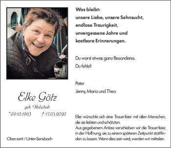 Traueranzeige von Elke Götz von vrm-trauer