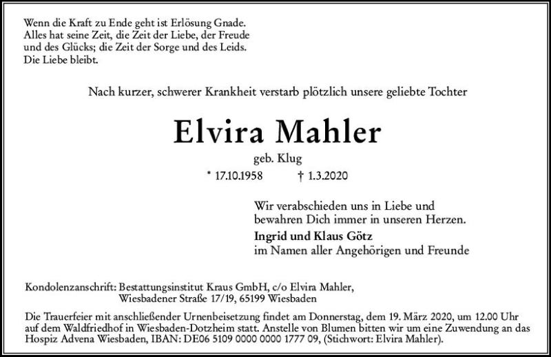  Traueranzeige für Elvira Mahler vom 14.03.2020 aus vrm-trauer