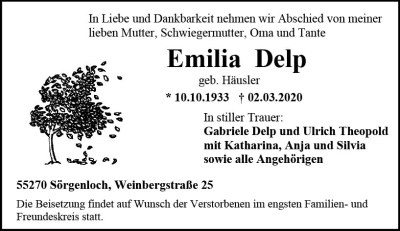  Traueranzeige für Emilia Delp vom 14.03.2020 aus vrm-trauer