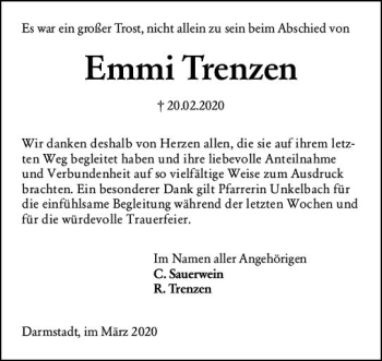 Traueranzeige von Emmi Trenzen von vrm-trauer