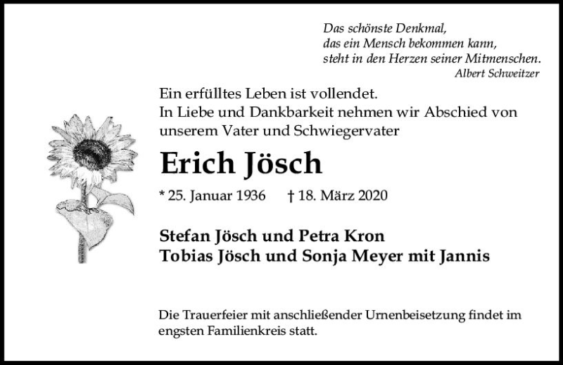  Traueranzeige für Erich Jösch vom 27.03.2020 aus vrm-trauer