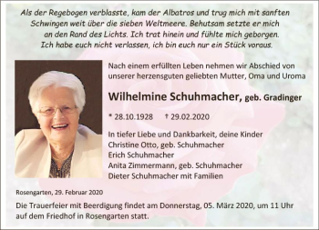 Traueranzeige von Wilhelmine Schuhmacher von vrm-trauer