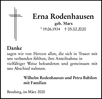 Traueranzeige von Erna Rodenhausen von vrm-trauer