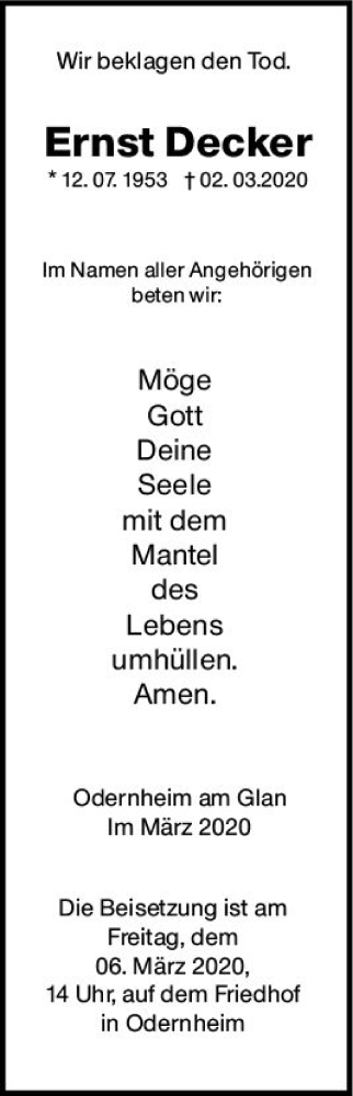 Traueranzeige von Ernst Decker von vrm-trauer