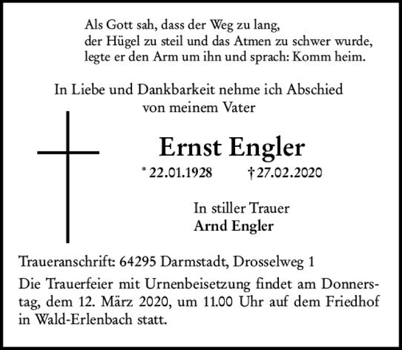  Traueranzeige für Ernst Engler vom 07.03.2020 aus vrm-trauer