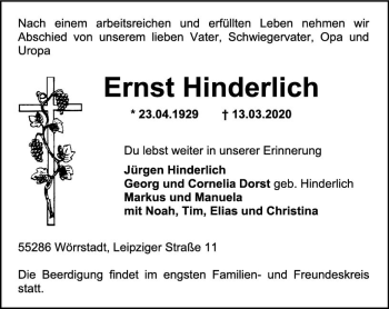 Traueranzeige von Ernst Hinderlich von vrm-trauer