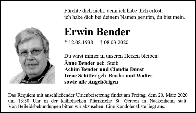  Traueranzeige für Erwin Bender vom 14.03.2020 aus vrm-trauer
