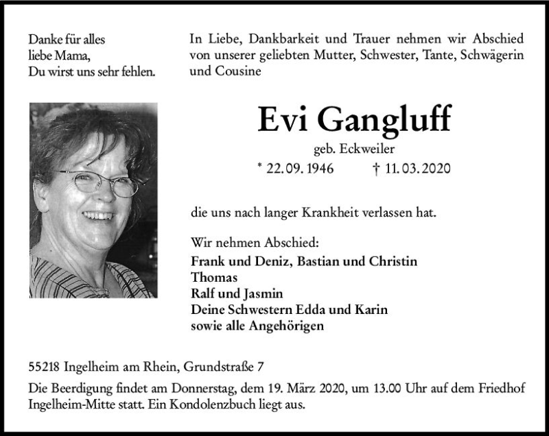  Traueranzeige für Evi Gangluff vom 14.03.2020 aus vrm-trauer