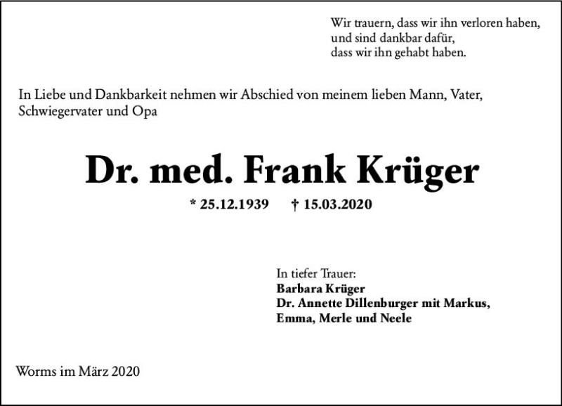  Traueranzeige für Frank Krüger vom 21.03.2020 aus vrm-trauer