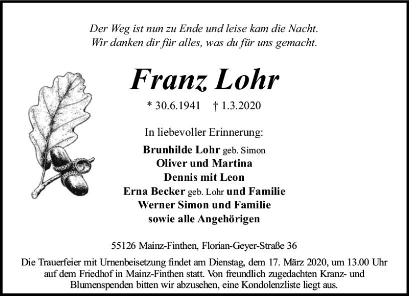  Traueranzeige für Franz Lohr vom 07.03.2020 aus vrm-trauer