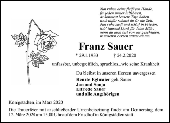 Traueranzeige von Franz Sauer von vrm-trauer