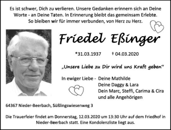 Traueranzeige von Friedel Eßinger von vrm-trauer
