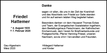 Traueranzeige von Friedel Hattemer von vrm-trauer