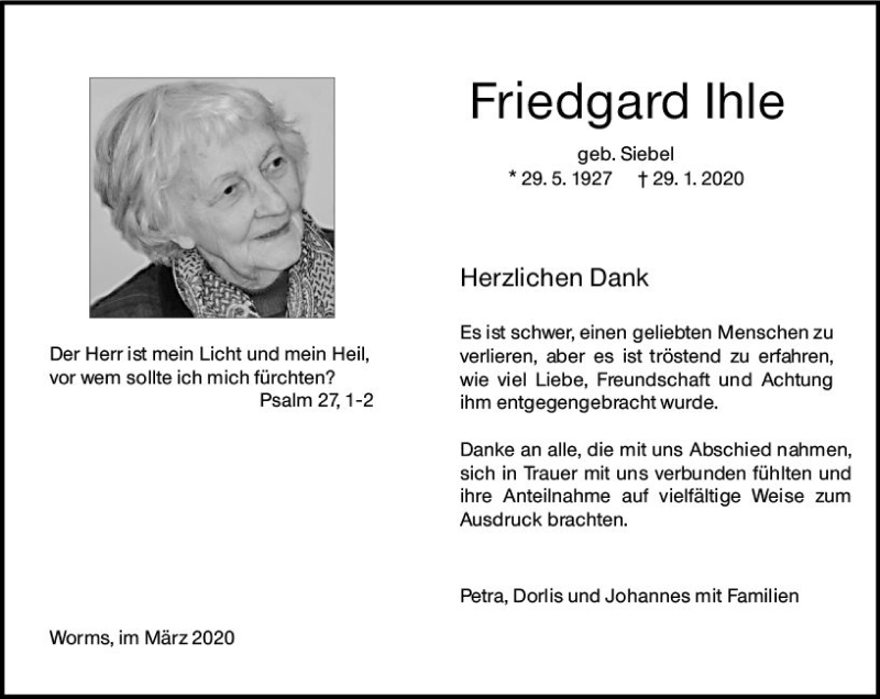  Traueranzeige für Friedgard Ihle vom 14.03.2020 aus vrm-trauer