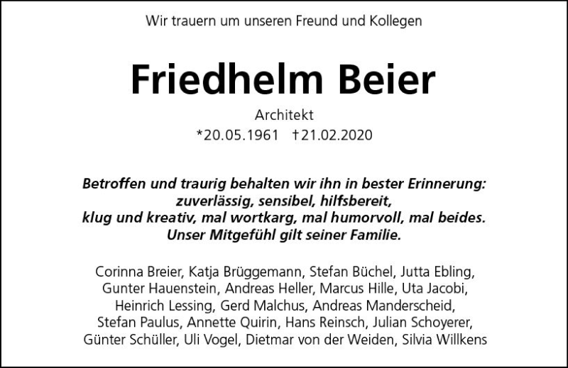  Traueranzeige für Friedhelm Beier vom 07.03.2020 aus vrm-trauer
