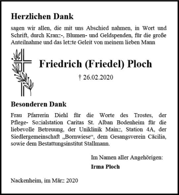 Traueranzeige von Friedrich Ploch von vrm-trauer