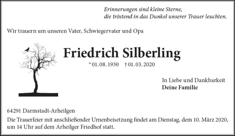  Traueranzeige für Friedrich Silberling vom 07.03.2020 aus vrm-trauer
