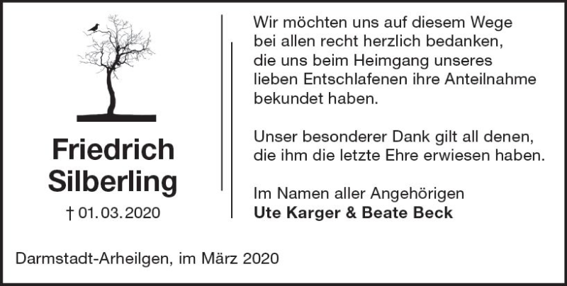  Traueranzeige für Friedrich Silberling vom 14.03.2020 aus vrm-trauer