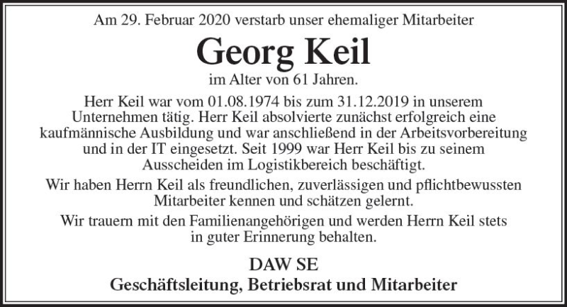  Traueranzeige für Georg Keil vom 14.03.2020 aus vrm-trauer