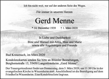 Traueranzeige von Gerd Menne von vrm-trauer
